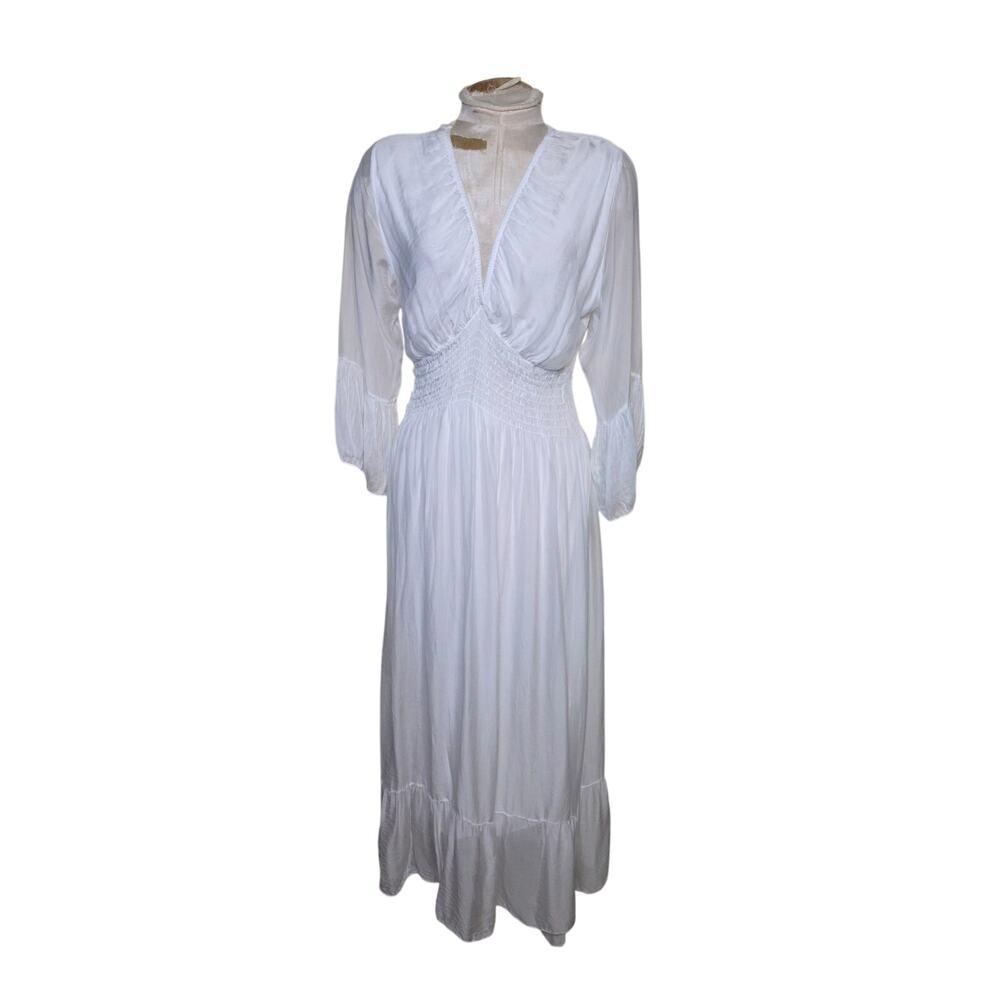 Maxi dress smocked bodice sheer‎ sleeves Dress Cottage Fairy Romantic Flowy S
